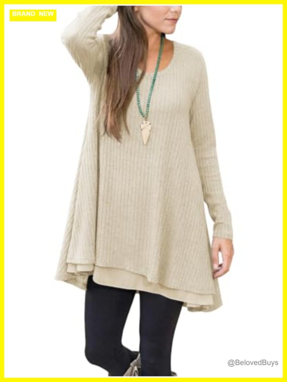 Womens Long Sleeve Tunic Sweater Chiffon Hem Pockets Loose Knit Top